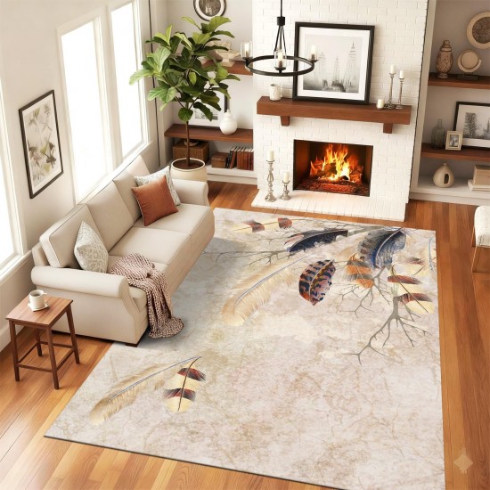 Traverse Antiderapante 200x300 cm – Model Elegant cu Pene Decorative, Nuanțe Bej, TCA-028 Covoare Antiderapante