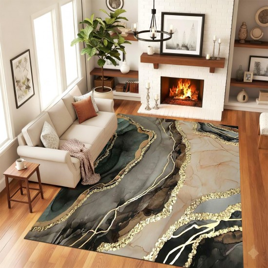 Traverse Antiderapante 120x180 cm – Model Abstract Premium Verde, Bej și Negru cu Accente Aurii, TCA-037 Covoare Antiderapante