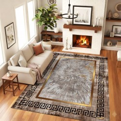 Traverse Antiderapante 200x300 cm – Model Elegant Gri cu Bordură Grecească și Accente Aurii, TCA-045