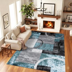 Traverse Antiderapante 120x180 cm – Model Geometric Modern Gri, Negru și Turcoaz, TCA-048