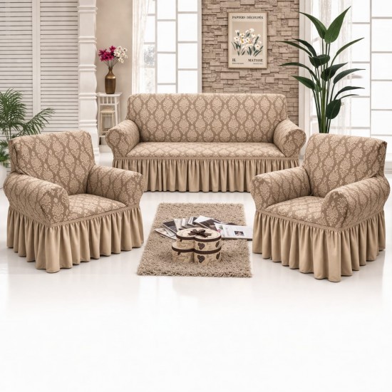 Set huse pentru canapea 3 Locuri si 2 fotolii, cu volanas, model Jacquard, Bej natur, HCJ-006 Huse Jacquard