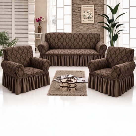 Set huse pentru canapea 3 Locuri si 2 fotolii, cu volanas, model Jacquard, Maro inchis, HCJ-004 Huse Jacquard
