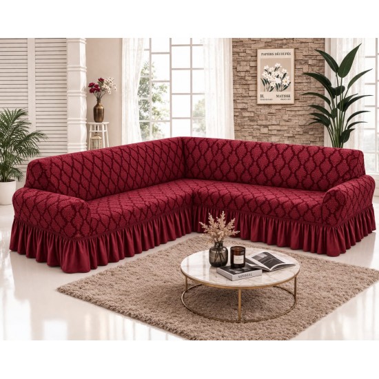 Husa elastica pentru coltar, model Jacquard, cu volanas, Bordo, HCJ-008 Huse Jacquard