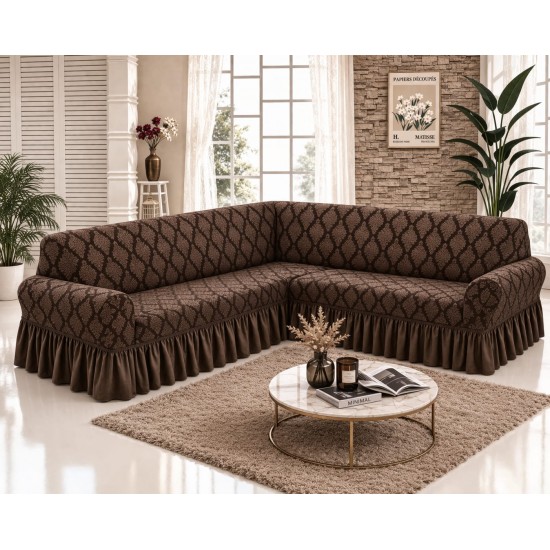 Husa elastica pentru coltar, model Jacquard, cu volanas, Maro inchis, HCJ-009 Huse Jacquard