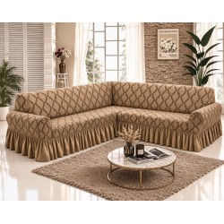 Husa elastica pentru coltar, model Jacquard, cu volanas, Bej, HCJ-012