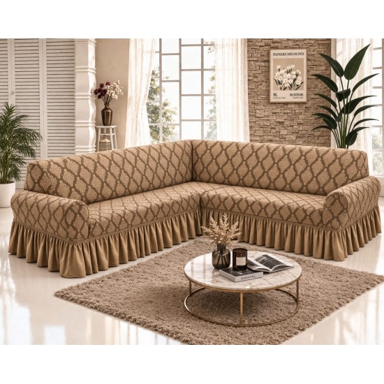 Husa elastica pentru coltar, model Jacquard, cu volanas, Bej, HCJ-012 Huse Jacquard