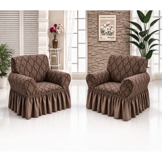 Set 2 huse elastice pentru fotolii, model Jacquard cu volanas, Maro deschis, HCJ-010 Huse Jacquard