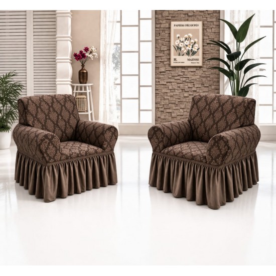 Set 2 huse elastice pentru fotolii, model Jacquard cu volanas, Maro inchis, HCJ-044 Huse Jacquard