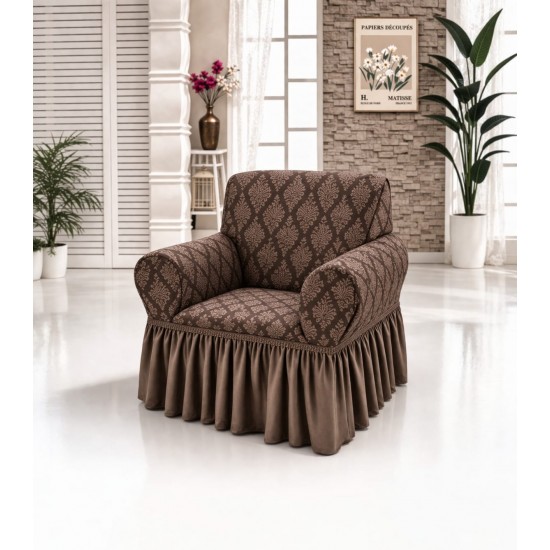Husa elastica pentru fotoliu, model Jacquard cu volanas, Maro inchis, HCJ-043 Huse Jacquard