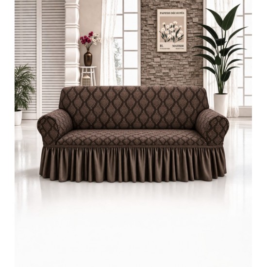 Husa elastica pentru canapea 2 locuri, model Jacquard, cu volanas, Maro inchis, HCJ-040 Huse Jacquard
