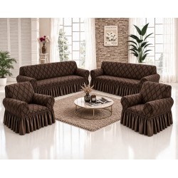 Set 4 huse pentru canapea 3 Locuri, 2 Locuri si 2 fotolii, cu volanas, model Jacquard, Maro inchis, HCJ-030