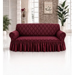 Husa elastica pentru canapea 3 locuri, model Jacquard, cu volanas, Bordo, HCJ-014