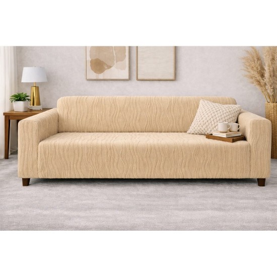 Husa elastica pentru canapea 3 locuri, model Jacquard, fara volanas, Bej, HCJ-027 Huse Jacquard