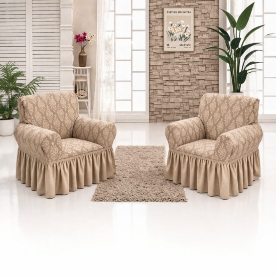 Set 2 huse elastice pentru fotolii, model Jacquard cu volanas, Bej, HCJ-026 Huse Jacquard