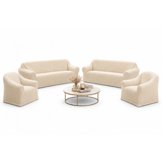 Set 4 Huse Creponate fara Volane, Pentru Canapea 3 Locuri, Canapea 2 locuri si 2 Fotolii, Crem, HCC-008 Huse Canapea 3 Locuri, 2 Locuri plus 2 Huse Fotoliu Creponat