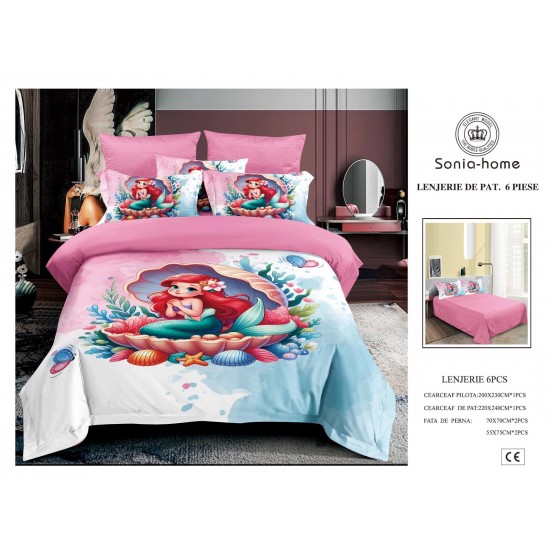 Lenjerie de Pat Finet 6 Piese Pat Dublu – Model Sirenă Roz-Albastru, LCC-003 Lenjerii Pentru Copii cu Desene Animate - Finet 6 piese