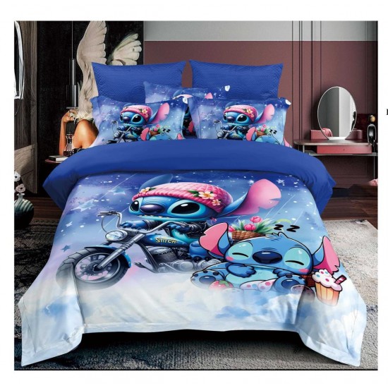 Lenjerie de Pat Finet 6 Piese Pat Dublu – Model Stitch Albastru, LCC-004 Lenjerii Pentru Copii cu Desene Animate - Finet 6 piese