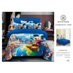 Lenjerie de Pat Finet 6 Piese Pat Dublu – Model Mickey Mouse Albastru, LCC-012