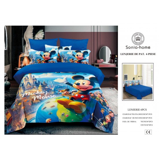 Lenjerie de Pat Finet 6 Piese Pat Dublu – Model Mickey Mouse Albastru, LCC-012 Lenjerii Pentru Copii cu Desene Animate - Finet 6 piese