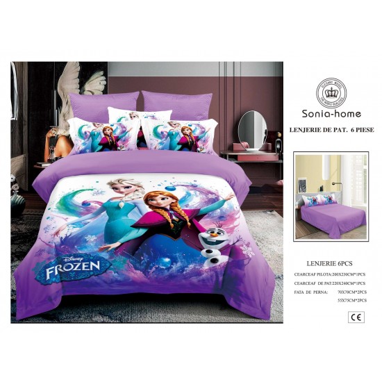 Lenjerie de Pat Finet 6 Piese Pat Dublu – Model Frozen Mov, LCC-017 Lenjerii Pentru Copii cu Desene Animate - Finet 6 piese