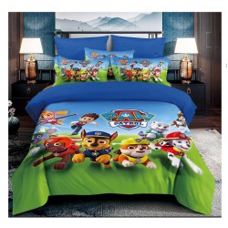 Lenjerie de Pat Finet 6 Piese Pat Dublu – Model Paw Patrol Albastru-Verde, LCC-021