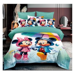 Lenjerie de Pat Finet 6 Piese Pat Dublu – Model Mickey & Minnie Multicolor, Fundal Turcoaz, LCC-024