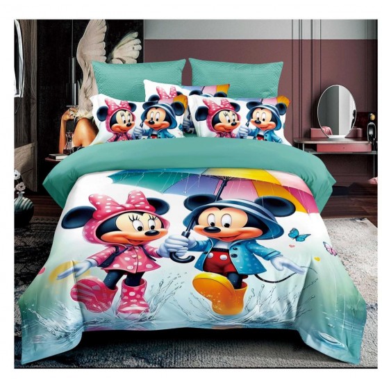 Lenjerie de Pat Finet 6 Piese Pat Dublu – Model Mickey & Minnie Multicolor, Fundal Turcoaz, LCC-024 Lenjerii Pentru Copii cu Desene Animate - Finet 6 piese