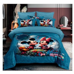 Lenjerie de Pat Finet 6 Piese Pat Dublu – Model Mickey & Minnie Albastru Turcoaz, LCC-040