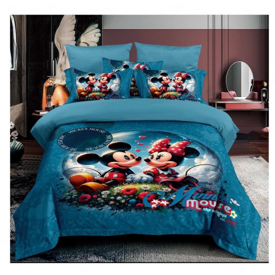 Lenjerie de Pat Finet 6 Piese Pat Dublu – Model Mickey & Minnie Albastru Turcoaz, LCC-040 Lenjerii Pentru Copii cu Desene Animate - Finet 6 piese