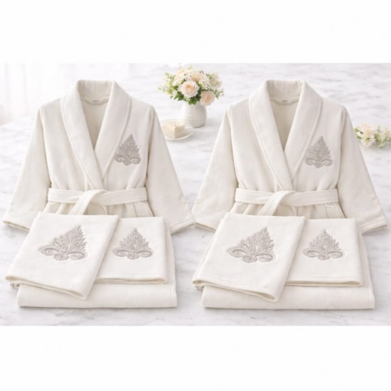 Set 6 Piese 2 Halate + 4 Prosoape, Crem, Model Brodat Elegant, HBC-003 Halate de baie