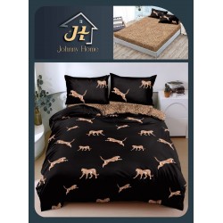 Lenjerie Pat Dublu Bumbac Satinat Superior, 4 Piese, cu Elastic – Model Leopard Negru, LSE-002