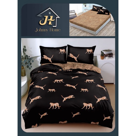 Lenjerie Pat Dublu Bumbac Satinat Superior, 4 Piese, cu Elastic – Model Leopard Negru, LSE-002 Oferta Trio 229