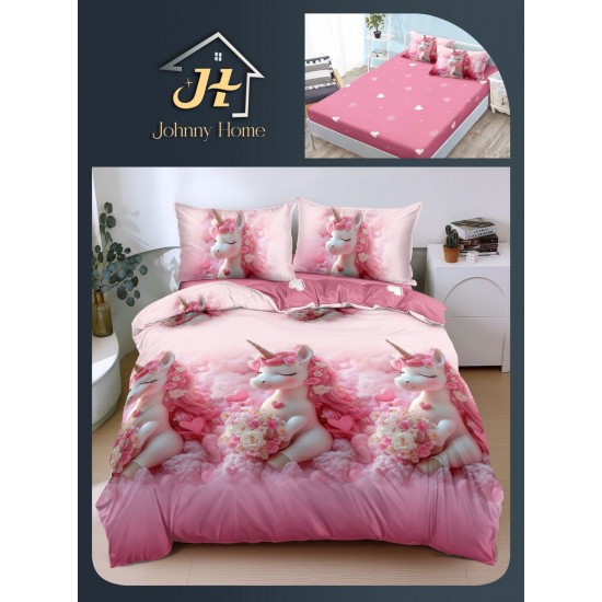 Lenjerie Pat Dublu Bumbac Satinat Superior, 4 Piese, cu Elastic – Model Unicorn Roz Romantic cu Flori, LDBSE-031 Oferta Trio 229