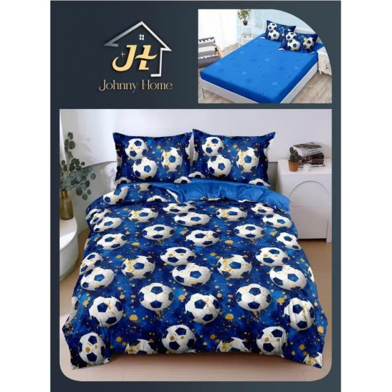 Lenjerie Pat Dublu Bumbac Satinat Superior 4 Piese cu Elastic – Model Mingi Fotbal Alb-Albastru, LDBSE-054 Oferta Trio 229