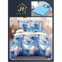 Lenjerie Pat Dublu Bumbac Satinat Superior 4 Piese cu Elastic – Model Fluturi Albaștri Eleganți, LDBSE-058