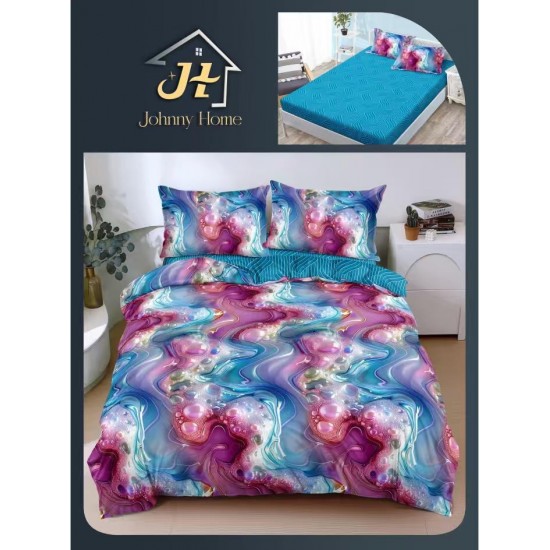 Lenjerie Pat Dublu Bumbac Satinat Superior 4 Piese cu Elastic – Model Abstract Multicolor Turquoise & Mov, LDBSE-050 Oferta Trio 229