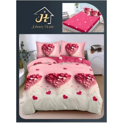 Lenjerie Pat Dublu Bumbac Satinat Superior 4 Piese cu Elastic – Model Inimi Roz Romantic, LDBSE-032
