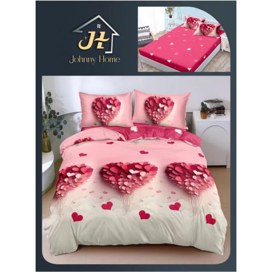 Lenjerie Pat Dublu Bumbac Satinat Superior 4 Piese cu Elastic – Model Inimi Roz Romantic, LDBSE-032 Oferta Trio 229