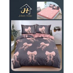 Lenjerie Pat Dublu Bumbac Satinat Superior 4 Piese cu Elastic – Model Fundițe Roz pe Gri Elegant, LLE-002