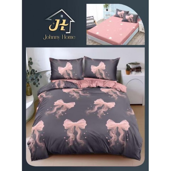 Lenjerie Pat Dublu Bumbac Satinat Superior 4 Piese cu Elastic – Model Fundițe Roz pe Gri Elegant, LLE-002 Oferta Trio 229