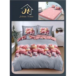 Lenjerie Pat Dublu Bumbac Satinat Superior 4 Piese cu Elastic – Model Macarons & Dulciuri Roz Gri Elegant, LLE-003