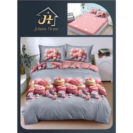 Lenjerie Pat Dublu Bumbac Satinat Superior 4 Piese cu Elastic – Model Macarons & Dulciuri Roz Gri Elegant, LLE-003 Oferta Trio 229