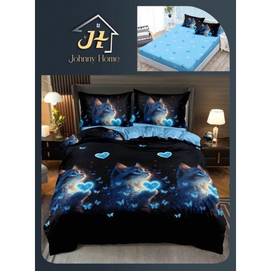 Lenjerie Pat Dublu Bumbac Satinat Superior 4 Piese cu Elastic – Model Pisică Albastru-Negru, LLE-005 Oferta Trio 229