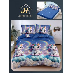 Lenjerie Pat Dublu Bumbac Satinat Superior 4 Piese cu Elastic – Model Unicorn Curcubeu Albastru, LLE-006