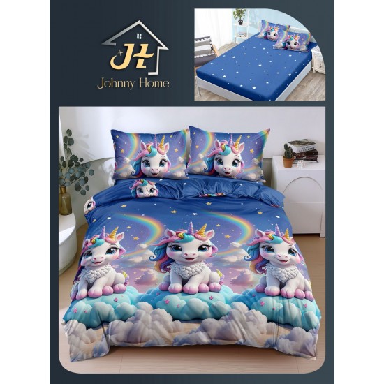 Lenjerie Pat Dublu Bumbac Satinat Superior 4 Piese cu Elastic – Model Unicorn Curcubeu Albastru, LLE-006 Oferta Trio 229