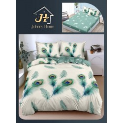 Lenjerie Pat Dublu Bumbac Satinat Superior 4 Piese cu Elastic – Model Pene de Păun Verde Crem, LLE-007