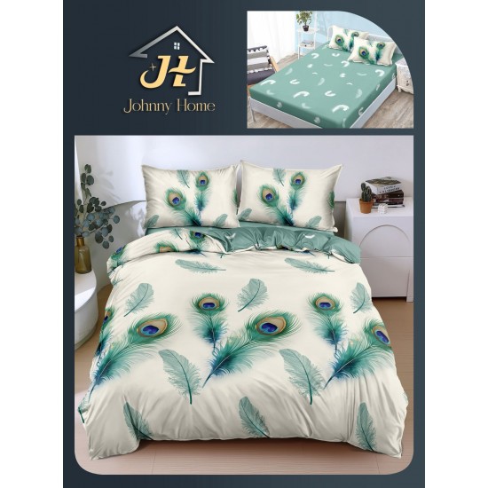 Lenjerie Pat Dublu Bumbac Satinat Superior 4 Piese cu Elastic – Model Pene de Păun Verde Crem, LLE-007 Oferta Trio 229