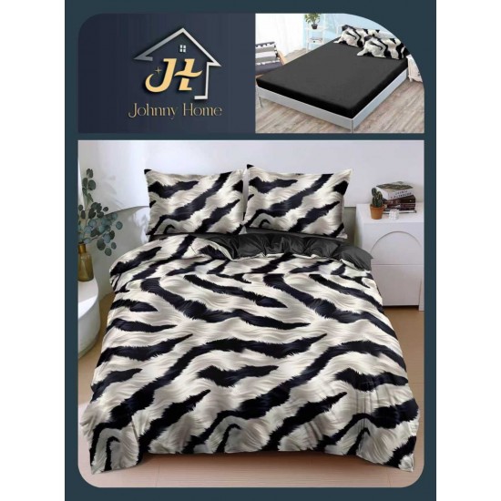 Lenjerie Pat Dublu Bumbac Satinat Superior 4 Piese cu Elastic – Model Animal Print Zebra Alb-Negru, LLE-008 Oferta Trio 229