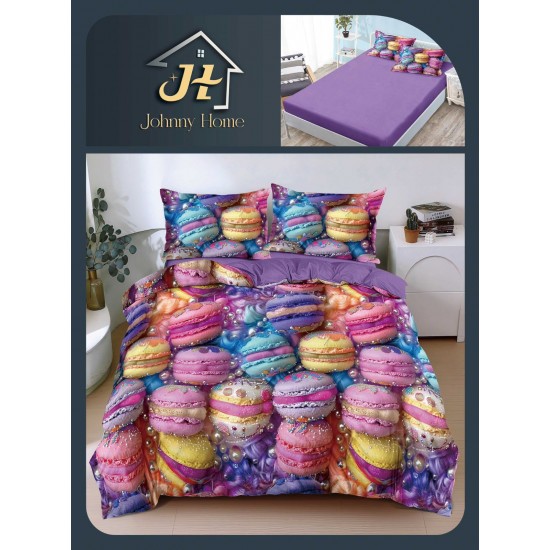 Lenjerie Pat Dublu Bumbac Satinat Superior 4 Piese cu Elastic – Model Macarons Colorate, Multicolor, LLE-009 Oferta Trio 229