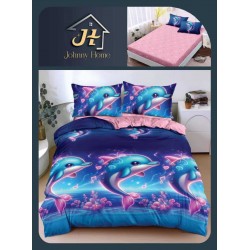 Lenjerie Pat Dublu Bumbac Satinat Superior 4 Piese cu Elastic – Model Delfini Albastru-Roz, LLE-011